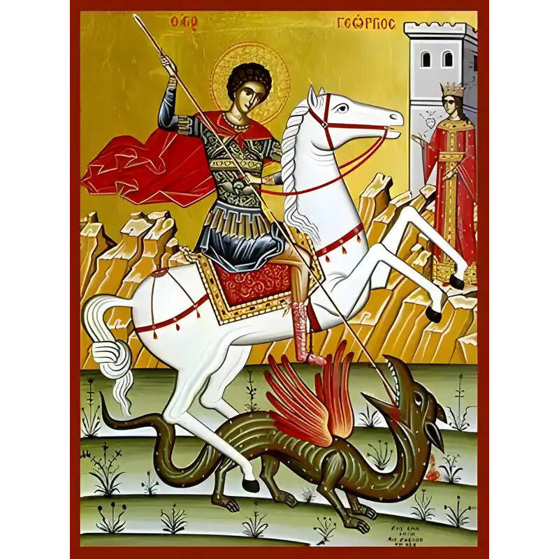 Εικόνα Ορθοδοξίας με περίγραμμα χρυσό σε ξύλο Φλαμουρίας  με  βάση Εικόνα ΑΓΙΟΣ ΓΕΩΡΓΙΟΣ Ο ΤΡΟΠΑΙΟΦΟΡΟΣ, ΕΦΙΠΠΟΣ Χειροποίητη Ελληνορθόδοξη εικόνα του Ιησού Χριστού, Κρεμαστή πλάκα βυζαντινής τέχνης, χριστιανική τέχνη Διάσταση 15x11 cm (5,9x4,3 ίντσες)  INTRAEK-337757864952