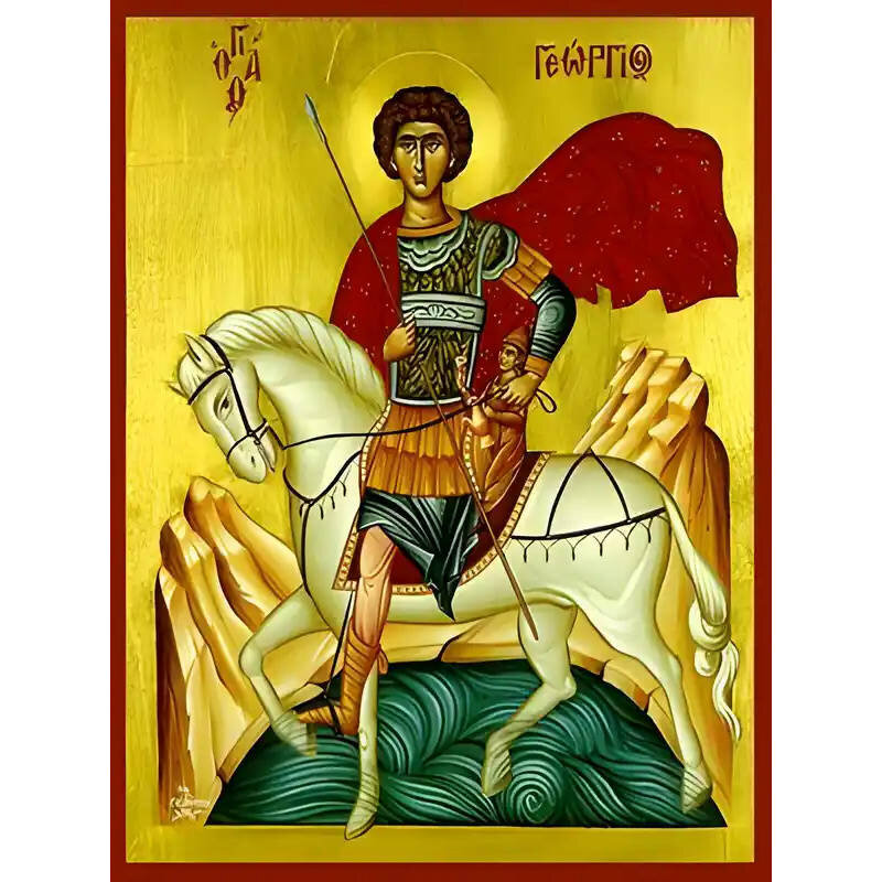 Εικόνα Ορθοδοξίας με περίγραμμα χρυσό σε ξύλο Φλαμουρίας  με  βάση Εικόνα ΑΓΙΟΣ ΓΕΩΡΓΙΟΣ Ο ΤΡΟΠΑΙΟΦΟΡΟΣ, ΕΦΙΠΠΟΣ Χειροποίητη Ελληνορθόδοξη εικόνα του Ιησού Χριστού, Κρεμαστή πλάκα βυζαντινής τέχνης, χριστιανική τέχνη Διάσταση 15x11 cm (5,9x4,3 ίντσες)  INTRAEK-337757864949