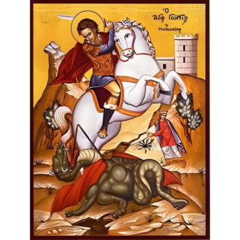 Εικόνα Ορθοδοξίας με περίγραμμα χρυσό σε ξύλο Φλαμουρίας  με  βάση Εικόνα ΑΓΙΟΣ ΓΕΩΡΓΙΟΣ Ο ΤΡΟΠΑΙΟΦΟΡΟΣ, ΕΦΙΠΠΟΣ Χειροποίητη Ελληνορθόδοξη εικόνα του Ιησού Χριστού, Κρεμαστή πλάκα βυζαντινής τέχνης, χριστιανική τέχνη Διάσταση 15x11 cm (5,9x4,3 ίντσες)  INTRAEK-337757864945 - Image 1