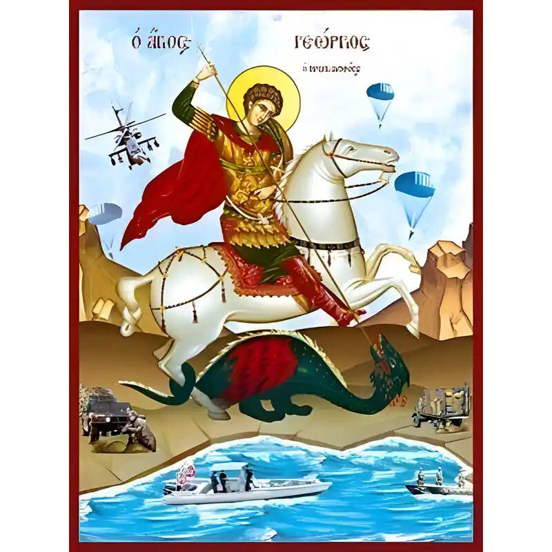 Εικόνα Ορθοδοξίας με περίγραμμα χρυσό σε ξύλο Φλαμουρίας  με  βάση Εικόνα ΑΓΙΟΣ ΓΕΩΡΓΙΟΣ Ο ΤΡΟΠΑΙΟΦΟΡΟΣ, ΕΦΙΠΠΟΣ, ΠΡΟΣΤΑΤΗΣ ΤΟΥ ΠΕΖΙΚΟΥ Χειροποίητη Ελληνορθόδοξη εικόνα του Ιησού Χριστού, Κρεμαστή πλάκα βυζαντινής τέχνης, χριστιανική τέχνη Διάσταση 15x11 cm (5,9x4,3 ίντσες)  INTRAEK-337757864944