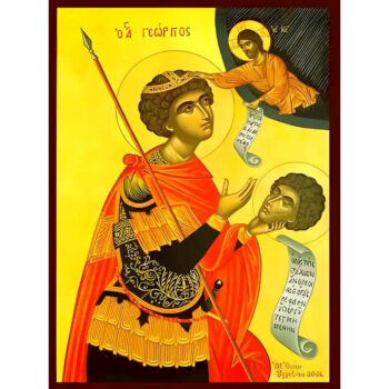 Εικόνα Ορθοδοξίας με περίγραμμα χρυσό σε ξύλο Φλαμουρίας  με  βάση Εικόνα ΑΓΙΟΣ ΓΕΩΡΓΙΟΣ Ο ΤΡΟΠΑΙΟΦΟΡΟΣ, ΜΕ ΚΕΦΑΛΗ Χειροποίητη Ελληνορθόδοξη εικόνα του Ιησού Χριστού, Κρεμαστή πλάκα βυζαντινής τέχνης, χριστιανική τέχνη Διάσταση 15x11 cm (5,9x4,3 ίντσες)  INTRAEK-337757864938 - Image 1