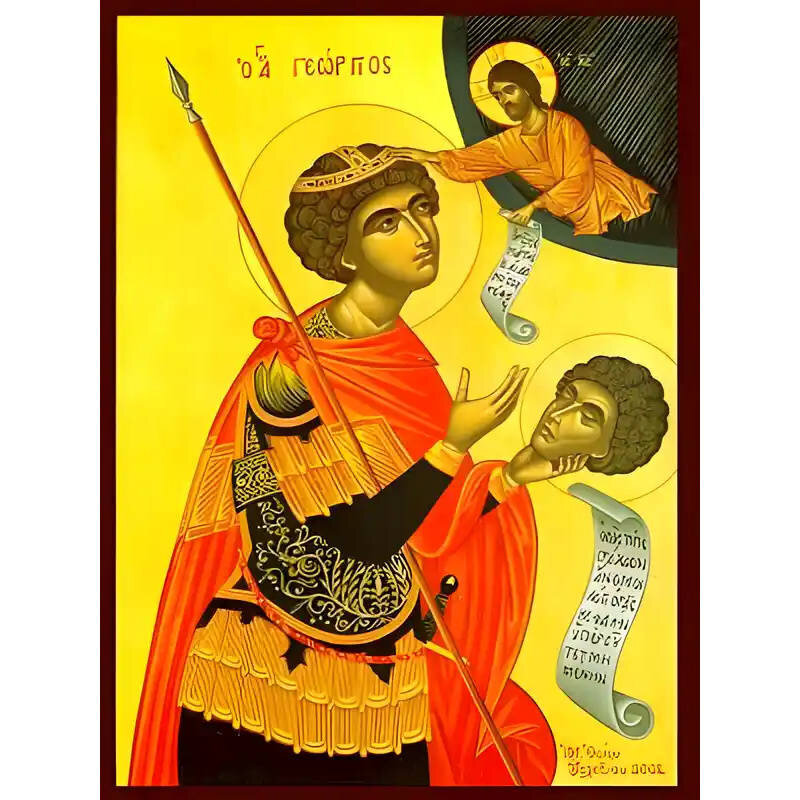 Εικόνα Ορθοδοξίας με περίγραμμα χρυσό σε ξύλο Φλαμουρίας  με  βάση Εικόνα ΑΓΙΟΣ ΓΕΩΡΓΙΟΣ Ο ΤΡΟΠΑΙΟΦΟΡΟΣ, ΜΕ ΚΕΦΑΛΗ Χειροποίητη Ελληνορθόδοξη εικόνα του Ιησού Χριστού, Κρεμαστή πλάκα βυζαντινής τέχνης, χριστιανική τέχνη Διάσταση 15x11 cm (5,9x4,3 ίντσες)  INTRAEK-337757864938