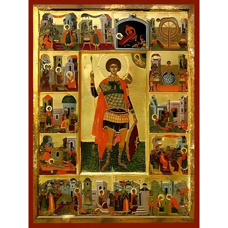 Εικόνα Ορθοδοξίας με περίγραμμα χρυσό σε ξύλο Φλαμουρίας  με  βάση Εικόνα ΑΓΙΟΣ ΓΕΩΡΓΙΟΣ Ο ΤΡΟΠΑΙΟΦΟΡΟΣ, ΜΕ ΣΚΗΝΕΣ ΑΠΟ ΤΟΝ ΒΙΟΝ ΤΟΥ, ΟΛΟΣΩΜΟΣ Χειροποίητη Ελληνορθόδοξη εικόνα του Ιησού Χριστού, Κρεμαστή πλάκα βυζαντινής τέχνης, χριστιανική τέχνη Διάσταση 15x11 cm (5,9x4,3 ίντσες)  INTRAEK-337757864937