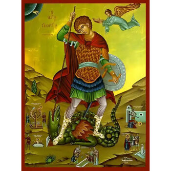 Εικόνα Ορθοδοξίας με περίγραμμα χρυσό σε ξύλο Φλαμουρίας  με  βάση Εικόνα ΑΓΙΟΣ ΓΕΩΡΓΙΟΣ Ο ΤΡΟΠΑΙΟΦΟΡΟΣ, ΜΕ ΣΚΗΝΕΣ ΑΠΟ ΤΟΝ ΒΙΟΝ ΤΟΥ, ΟΛΟΣΩΜΟΣ Χειροποίητη Ελληνορθόδοξη εικόνα του Ιησού Χριστού, Κρεμαστή πλάκα βυζαντινής τέχνης, χριστιανική τέχνη Διάσταση 15x11 cm (5,9x4,3 ίντσες)  INTRAEK-337757864936 - Image 1