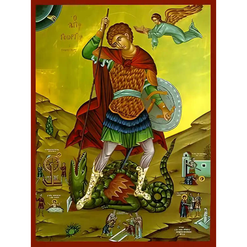 Εικόνα Ορθοδοξίας με περίγραμμα χρυσό σε ξύλο Φλαμουρίας  με  βάση Εικόνα ΑΓΙΟΣ ΓΕΩΡΓΙΟΣ Ο ΤΡΟΠΑΙΟΦΟΡΟΣ, ΜΕ ΣΚΗΝΕΣ ΑΠΟ ΤΟΝ ΒΙΟΝ ΤΟΥ, ΟΛΟΣΩΜΟΣ Χειροποίητη Ελληνορθόδοξη εικόνα του Ιησού Χριστού, Κρεμαστή πλάκα βυζαντινής τέχνης, χριστιανική τέχνη Διάσταση 15x11 cm (5,9x4,3 ίντσες)  INTRAEK-337757864936