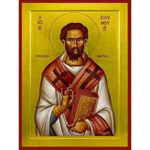 Εικόνα Ορθοδοξίας με περίγραμμα χρυσό σε ξύλο Φλαμουρίας  με  βάση Εικόνα ΑΓΙΟΣ ΕΛΕΥΘΕΡΙΟΣ, ΙΕΡΟΜΑΡΤΥΣ, ΕΠΙΣΚΟΠΟΣ ΙΛΛΥΡΙΚΟΥ Χειροποίητη Ελληνορθόδοξη εικόνα του Ιησού Χριστού, Κρεμαστή πλάκα βυζαντινής τέχνης, χριστιανική τέχνη Διάσταση 15x11 cm (5,9x4,3 ίντσες)  INTRAEK-337757864887