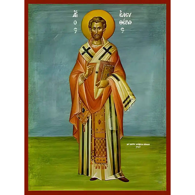 Εικόνα Ορθοδοξίας με περίγραμμα χρυσό σε ξύλο Φλαμουρίας  με  βάση Εικόνα ΑΓΙΟΣ ΕΛΕΥΘΕΡΙΟΣ, ΙΕΡΟΜΑΡΤΥΣ, ΕΠΙΣΚΟΠΟΣ ΙΛΛΥΡΙΚΟΥ, ΟΛΟΣΩΜΟΣ Χειροποίητη Ελληνορθόδοξη εικόνα του Ιησού Χριστού, Κρεμαστή πλάκα βυζαντινής τέχνης, χριστιανική τέχνη Διάσταση 15x11 cm (5,9x4,3 ίντσες)  INTRAEK-337757864885