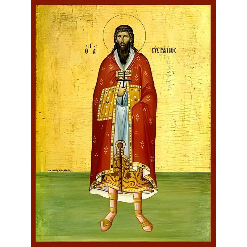Εικόνα Ορθοδοξίας με περίγραμμα χρυσό σε ξύλο Φλαμουρίας  με  βάση Εικόνα ΑΓΙΟΣ ΕΥΣΤΡΑΤΙΟΣ, ΜΑΡΤΥΣ, ΟΛΟΣΩΜΟΣ Χειροποίητη Ελληνορθόδοξη εικόνα του Ιησού Χριστού, Κρεμαστή πλάκα βυζαντινής τέχνης, χριστιανική τέχνη Διάσταση 15x11 cm (5,9x4,3 ίντσες)  INTRAEK-337757864867