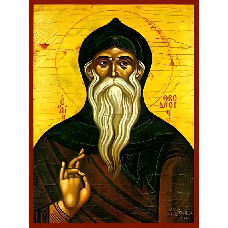 Εικόνα Ορθοδοξίας με περίγραμμα χρυσό σε ξύλο Φλαμουρίας  με  βάση Εικόνα ΑΓΙΟΣ ΘΕΟΔΟΣΙΟΣ, Ο ΚΟΙΝΟΒΙΑΡΧΗΣ Χειροποίητη Ελληνορθόδοξη εικόνα του Ιησού Χριστού, Κρεμαστή πλάκα βυζαντινής τέχνης, χριστιανική τέχνη Διάσταση 15x11 cm (5,9x4,3 ίντσες)  INTRAEK-337757864856