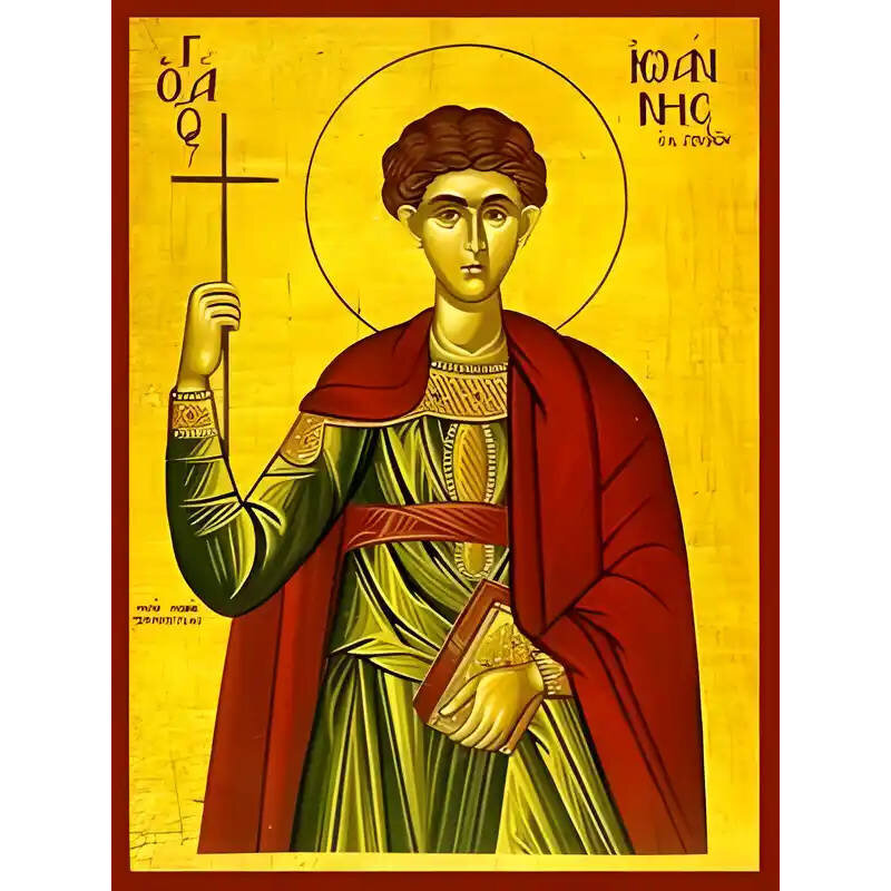 Εικόνα Ορθοδοξίας με περίγραμμα χρυσό σε ξύλο Φλαμουρίας  με  βάση Εικόνα ΑΓΙΟΣ ΙΩΑΝΝΗΣ Ο ΝΕΟΜΑΡΤΥΣ, ΕΚ ΓΟΥΒΩΝ ΜΟΝΕΜΒΑΣΙΑΣ Χειροποίητη Ελληνορθόδοξη εικόνα του Ιησού Χριστού, Κρεμαστή πλάκα βυζαντινής τέχνης, χριστιανική τέχνη Διάσταση 15x11 cm (5,9x4,3 ίντσες)  INTRAEK-337757864812