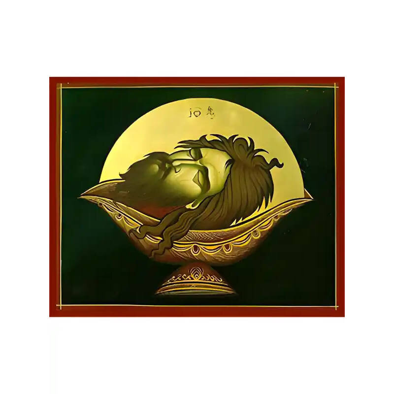 Εικόνα Ορθοδοξίας με περίγραμμα χρυσό σε ξύλο Φλαμουρίας  με  βάση Εικόνα ΑΓΙΟΣ ΙΩΑΝΝΗΣ Ο ΠΡΟΔΡΟΜΟΣ, ΕΥΡΕΣΙΣ ΤΙΜΙΑΣ ΚΕΦΑΛΗΣ Χειροποίητη Ελληνορθόδοξη εικόνα του Ιησού Χριστού, Κρεμαστή πλάκα βυζαντινής τέχνης, χριστιανική τέχνη Διάσταση 15x11 cm (5,9x4,3 ίντσες)  INTRAEK-337757864798