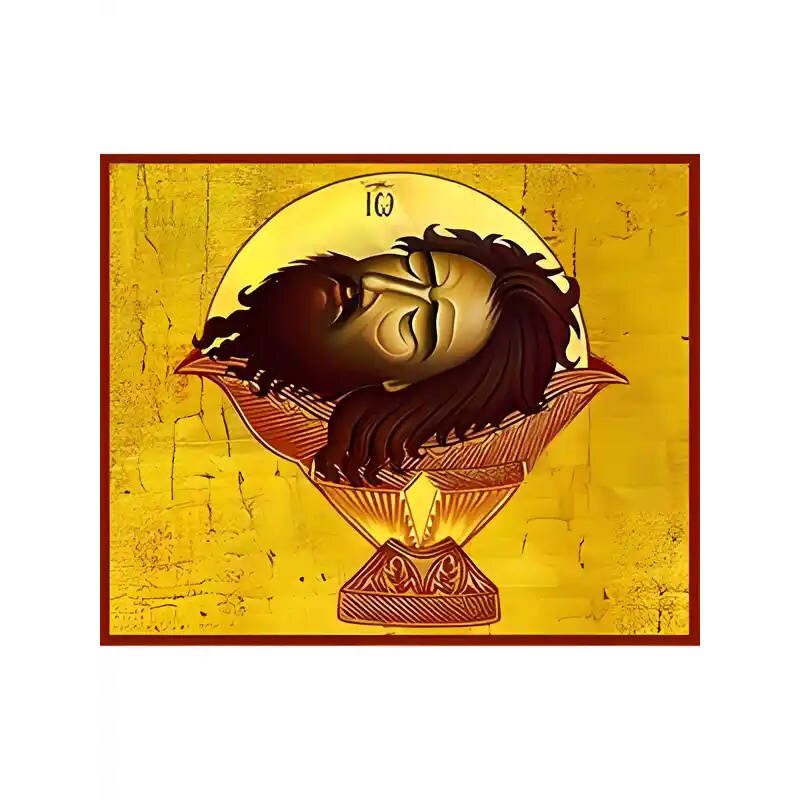 Εικόνα Ορθοδοξίας με περίγραμμα χρυσό σε ξύλο Φλαμουρίας  με  βάση Εικόνα ΑΓΙΟΣ ΙΩΑΝΝΗΣ Ο ΠΡΟΔΡΟΜΟΣ, ΕΥΡΕΣΙΣ ΤΙΜΙΑΣ ΚΕΦΑΛΗΣ Χειροποίητη Ελληνορθόδοξη εικόνα του Ιησού Χριστού, Κρεμαστή πλάκα βυζαντινής τέχνης, χριστιανική τέχνη Διάσταση 15x11 cm (5,9x4,3 ίντσες)  INTRAEK-337757864797