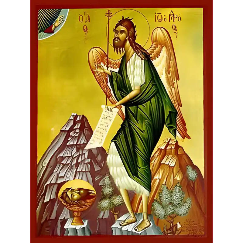 Εικόνα Ορθοδοξίας με περίγραμμα χρυσό σε ξύλο Φλαμουρίας  με  βάση Εικόνα ΑΓΙΟΣ ΙΩΑΝΝΗΣ Ο ΠΡΟΔΡΟΜΟΣ, ΠΟΥΛΙ ΤΗΣ ΕΡΗΜΟΥ Χειροποίητη Ελληνορθόδοξη εικόνα του Ιησού Χριστού, Κρεμαστή πλάκα βυζαντινής τέχνης, χριστιανική τέχνη Διάσταση 15x11 cm (5,9x4,3 ίντσες)  INTRAEK-337757864791