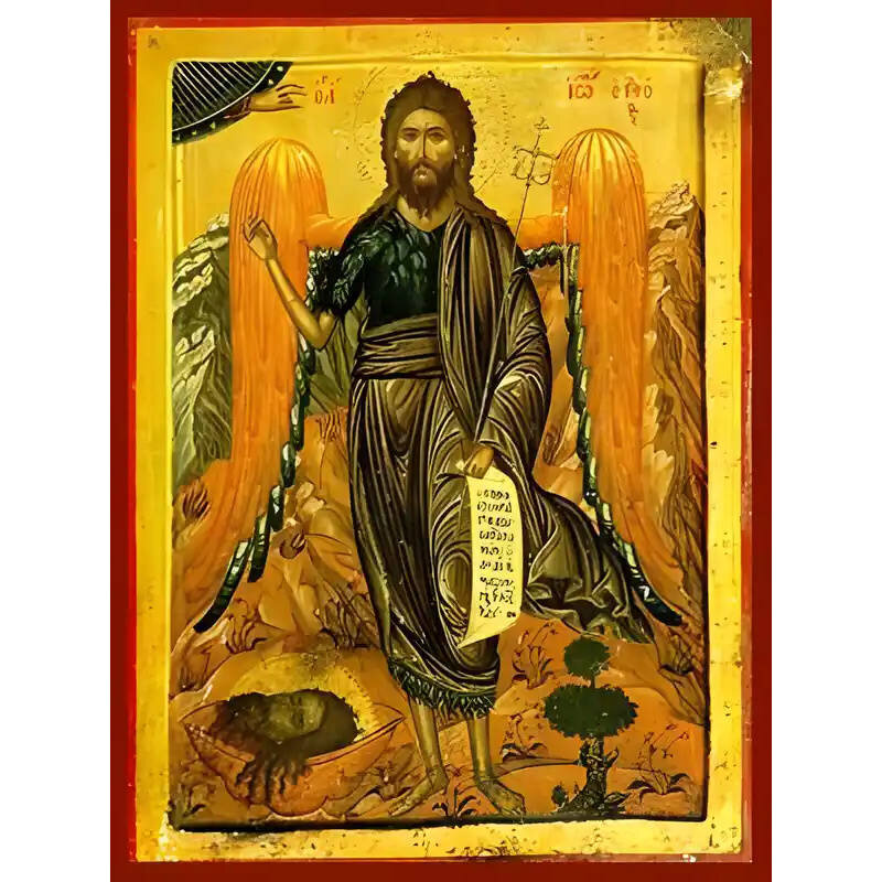 Εικόνα Ορθοδοξίας με περίγραμμα χρυσό σε ξύλο Φλαμουρίας  με  βάση Εικόνα ΑΓΙΟΣ ΙΩΑΝΝΗΣ Ο ΠΡΟΔΡΟΜΟΣ, ΠΟΥΛΙ ΤΗΣ ΕΡΗΜΟΥ Χειροποίητη Ελληνορθόδοξη εικόνα του Ιησού Χριστού, Κρεμαστή πλάκα βυζαντινής τέχνης, χριστιανική τέχνη Διάσταση 15x11 cm (5,9x4,3 ίντσες)  INTRAEK-337757864790