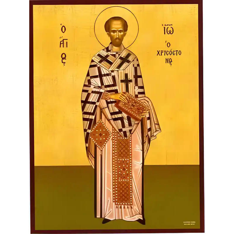 Εικόνα Ορθοδοξίας με περίγραμμα χρυσό σε ξύλο Φλαμουρίας  με  βάση Εικόνα ΑΓΙΟΣ ΙΩΑΝΝΗΣ Ο ΧΡΥΣΟΣΤΟΜΟΣ, ΠΑΤΡΙΑΡΧΗΣ ΚΩΝ/ΠΟΛΕΩΣ, ΟΛΟΣΩΜΟΣ Χειροποίητη Ελληνορθόδοξη εικόνα του Ιησού Χριστού, Κρεμαστή πλάκα βυζαντινής τέχνης, χριστιανική τέχνη Διάσταση 15x11 cm (5,9x4,3 ίντσες)  INTRAEK-337757864776