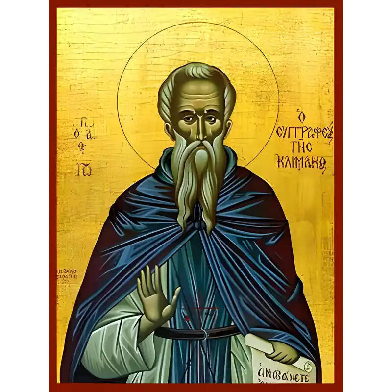 Εικόνα Ορθοδοξίας με περίγραμμα χρυσό σε ξύλο Φλαμουρίας  με  βάση Εικόνα ΑΓΙΟΣ ΙΩΑΝΝΗΣ ΤΟΥ ΣΙΝΑ, Ο ΣΥΓΓΡΑΦΕΥΣ ΤΗΣ ΚΛΙΜΑΚΟΣ Χειροποίητη Ελληνορθόδοξη εικόνα του Ιησού Χριστού, Κρεμαστή πλάκα βυζαντινής τέχνης, χριστιανική τέχνη Διάσταση 15x11 cm (5,9x4,3 ίντσες)  INTRAEK-337757864774