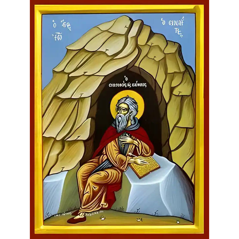 Εικόνα Ορθοδοξίας με περίγραμμα χρυσό σε ξύλο Φλαμουρίας  με  βάση Εικόνα ΑΓΙΟΣ ΙΩΑΝΝΗΣ ΤΟΥ ΣΙΝΑ, Ο ΣΥΓΓΡΑΦΕΥΣ ΤΗΣ ΚΛΙΜΑΚΟΣ, ΣΕ ΣΠΗΛΑΙΟ, ΟΛΟΣΩΜΟΣ Χειροποίητη Ελληνορθόδοξη εικόνα του Ιησού Χριστού, Κρεμαστή πλάκα βυζαντινής τέχνης, χριστιανική τέχνη Διάσταση 15x11 cm (5,9x4,3 ίντσες)  INTRAEK-337757864773