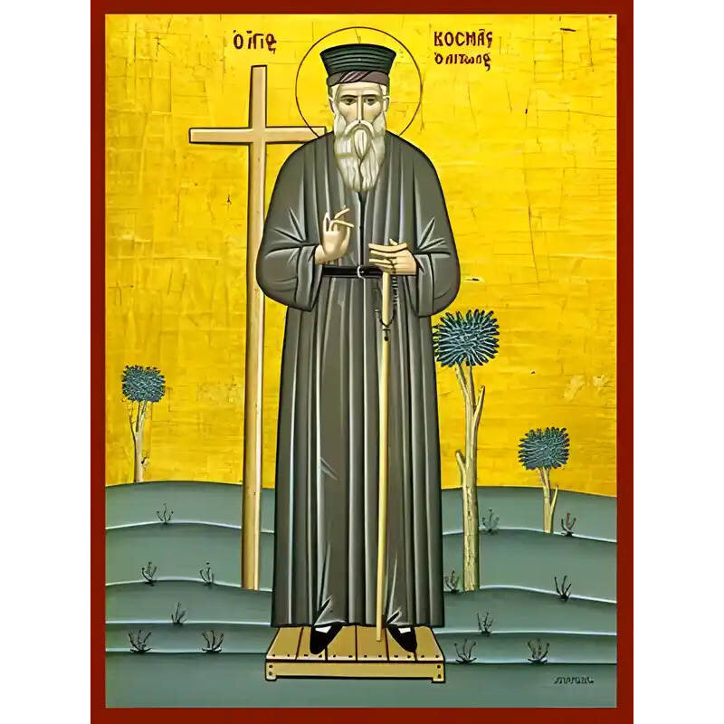 Εικόνα Ορθοδοξίας με περίγραμμα χρυσό σε ξύλο Φλαμουρίας  με  βάση Εικόνα ΑΓΙΟΣ ΚΟΣΜΑΣ Ο ΑΙΤΩΛΟΣ, ΝΕΟΣ ΙΕΡΟΜΑΡΤΥΣ, ΟΛΟΣΩΜΟΣ Χειροποίητη Ελληνορθόδοξη εικόνα του Ιησού Χριστού, Κρεμαστή πλάκα βυζαντινής τέχνης, χριστιανική τέχνη Διάσταση 15x11 cm (5,9x4,3 ίντσες)  INTRAEK-337757864762