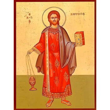 Εικόνα Ορθοδοξίας με περίγραμμα χρυσό σε ξύλο Φλαμουρίας με βάση Εικόνα ΑΓΙΟΣ ΛΑΥΡΕΝΤΙΟΣ, ΑΡΧΙΔΙΑΚΟΝΟΣ, ΟΛΟΣΩΜΟΣ Χειροποίητη Ελληνορθόδοξη εικόνα του Ιησού Χριστού, Κρεμαστή πλάκα βυζαντινής τέχνης, χριστιανική τέχνη Διάσταση 15x11 cm (5,9x4,3 ίντσες) INTRAEK-337757864749 - Image 1