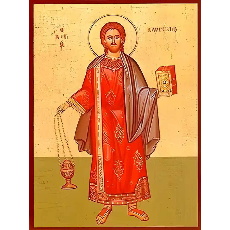 Εικόνα Ορθοδοξίας με περίγραμμα χρυσό σε ξύλο Φλαμουρίας  με  βάση Εικόνα ΑΓΙΟΣ ΛΑΥΡΕΝΤΙΟΣ, ΑΡΧΙΔΙΑΚΟΝΟΣ, ΟΛΟΣΩΜΟΣ Χειροποίητη Ελληνορθόδοξη εικόνα του Ιησού Χριστού, Κρεμαστή πλάκα βυζαντινής τέχνης, χριστιανική τέχνη Διάσταση 15x11 cm (5,9x4,3 ίντσες)  INTRAEK-337757864749