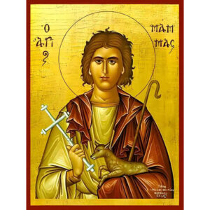 Εικόνα Ορθοδοξίας με περίγραμμα χρυσό σε ξύλο Φλαμουρίας  με  βάση Εικόνα ΑΓΙΟΣ ΜΑΜΑΣ, ΜΑΡΤΥΣ, ΚΑΙΣΑΡΕΙΑΣ Χειροποίητη Ελληνορθόδοξη εικόνα του Ιησού Χριστού, Κρεμαστή πλάκα βυζαντινής τέχνης, χριστιανική τέχνη Διάσταση 15x11 cm (5,9x4,3 ίντσες)  INTRAEK-337757864737