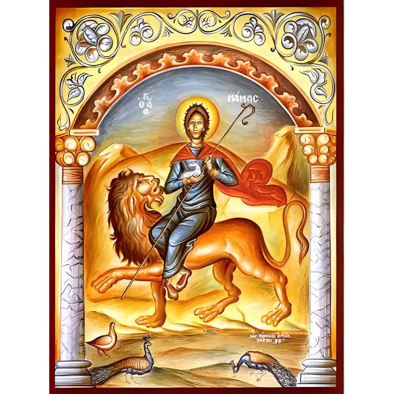 Εικόνα Ορθοδοξίας με περίγραμμα χρυσό σε ξύλο Φλαμουρίας  με  βάση Εικόνα ΑΓΙΟΣ ΜΑΜΑΣ, ΜΑΡΤΥΣ, ΚΑΙΣΑΡΕΙΑΣ, ΕΠΙ ΛΕΟΝΤΟΣ Χειροποίητη Ελληνορθόδοξη εικόνα του Ιησού Χριστού, Κρεμαστή πλάκα βυζαντινής τέχνης, χριστιανική τέχνη Διάσταση 15x11 cm (5,9x4,3 ίντσες)  INTRAEK-337757864736