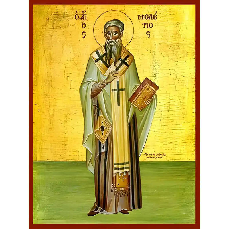 Εικόνα Ορθοδοξίας με περίγραμμα χρυσό σε ξύλο Φλαμουρίας  με  βάση Εικόνα ΑΓΙΟΣ ΜΕΛΕΤΙΟΣ, ΑΡΧΙΕΠΙΣΚΟΠΟΣ ΑΝΤΙΟΧΕΙΑΣ, ΟΛΟΣΩΜΟΣ Χειροποίητη Ελληνορθόδοξη εικόνα του Ιησού Χριστού, Κρεμαστή πλάκα βυζαντινής τέχνης, χριστιανική τέχνη Διάσταση 15x11 cm (5,9x4,3 ίντσες)  INTRAEK-337757864726