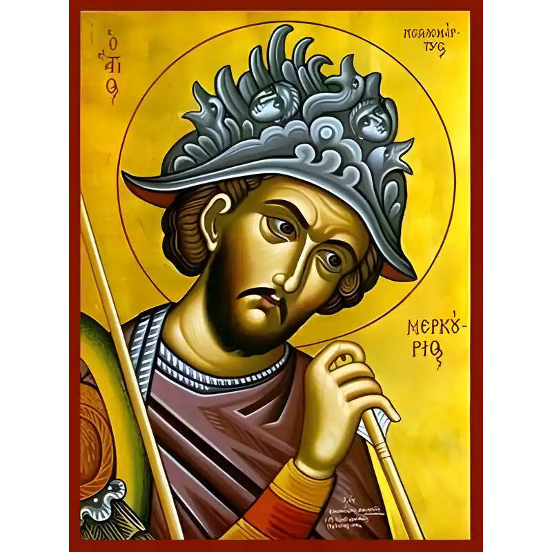 Εικόνα Ορθοδοξίας με περίγραμμα χρυσό σε ξύλο Φλαμουρίας  με  βάση Εικόνα ΑΓΙΟΣ ΜΕΡΚΟΥΡΙΟΣ, ΜΕΓΑΛΟΜΑΡΤΥΣ, ΚΑΙΣΑΡΕΙΑΣ, ΠΡΟΤΟΜΗ Χειροποίητη Ελληνορθόδοξη εικόνα του Ιησού Χριστού, Κρεμαστή πλάκα βυζαντινής τέχνης, χριστιανική τέχνη Διάσταση 15x11 cm (5,9x4,3 ίντσες)  INTRAEK-337757864722