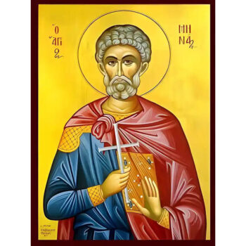 Εικόνα Ορθοδοξίας με περίγραμμα χρυσό σε ξύλο Φλαμουρίας με βάση Εικόνα ΑΓΙΟΣ ΜΗΝΑΣ, Ο ΜΕΓΑΛΟΜΑΡΤΥΣ, Ο ΑΙΓΥΠΤΙΟΣ Χειροποίητη Ελληνορθόδοξη εικόνα του Ιησού Χριστού, Κρεμαστή πλάκα βυζαντινής τέχνης, χριστιανική τέχνη Διάσταση 15x11 cm (5,9x4,3 ίντσες) INTRAEK-337757864721 - Image 1