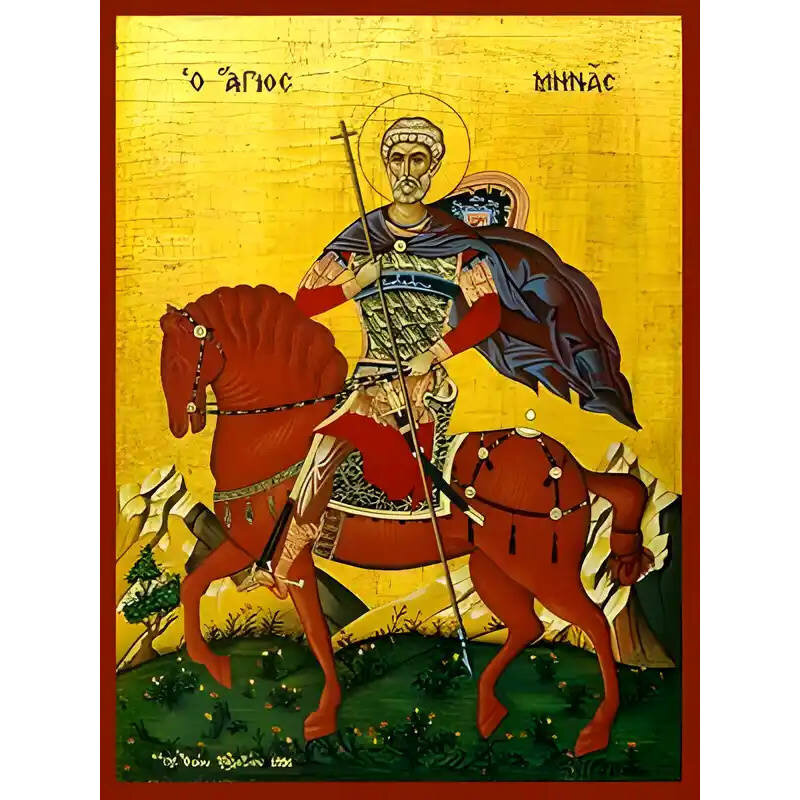 Εικόνα Ορθοδοξίας με περίγραμμα χρυσό σε ξύλο Φλαμουρίας  με  βάση Εικόνα ΑΓΙΟΣ ΜΗΝΑΣ, Ο ΜΕΓΑΛΟΜΑΡΤΥΣ, Ο ΑΙΓΥΠΤΙΟΣ, ΕΦΙΠΠΟΣ Χειροποίητη Ελληνορθόδοξη εικόνα του Ιησού Χριστού, Κρεμαστή πλάκα βυζαντινής τέχνης, χριστιανική τέχνη Διάσταση 15x11 cm (5,9x4,3 ίντσες)  INTRAEK-337757864718