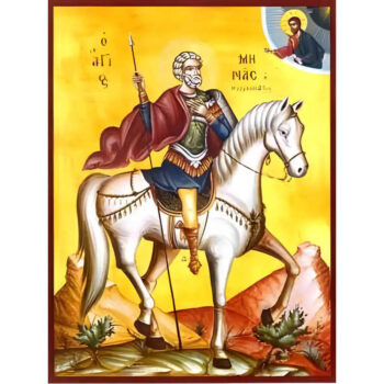 Εικόνα Ορθοδοξίας με περίγραμμα χρυσό σε ξύλο Φλαμουρίας με βάση Εικόνα ΑΓΙΟΣ ΜΗΝΑΣ, Ο ΜΕΓΑΛΟΜΑΡΤΥΣ, Ο ΑΙΓΥΠΤΙΟΣ, ΕΦΙΠΠΟΣ Χειροποίητη Ελληνορθόδοξη εικόνα του Ιησού Χριστού, Κρεμαστή πλάκα βυζαντινής τέχνης, χριστιανική τέχνη Διάσταση 15x11 cm (5,9x4,3 ίντσες) INTRAEK-337757864717 - Image 1