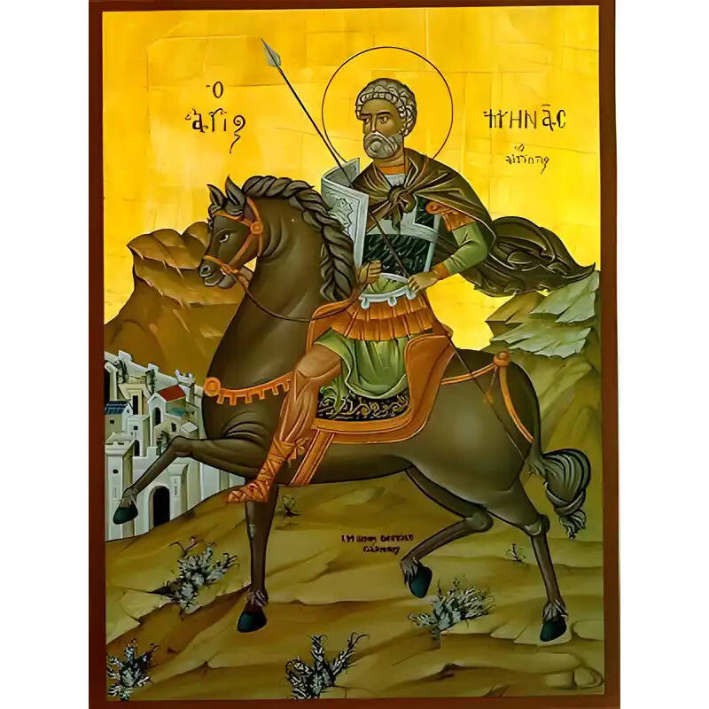 Εικόνα Ορθοδοξίας με περίγραμμα χρυσό σε ξύλο Φλαμουρίας  με  βάση Εικόνα ΑΓΙΟΣ ΜΗΝΑΣ, Ο ΜΕΓΑΛΟΜΑΡΤΥΣ, Ο ΑΙΓΥΠΤΙΟΣ, ΕΦΙΠΠΟΣ, ΠΥΡΓΟΣ Χειροποίητη Ελληνορθόδοξη εικόνα του Ιησού Χριστού, Κρεμαστή πλάκα βυζαντινής τέχνης, χριστιανική τέχνη Διάσταση 15x11 cm (5,9x4,3 ίντσες)  INTRAEK-337757864716