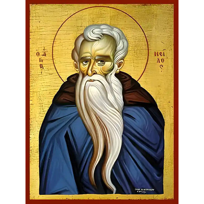 Εικόνα Ορθοδοξίας με περίγραμμα χρυσό σε ξύλο Φλαμουρίας  με  βάση Εικόνα ΑΓΙΟΣ ΝΕΙΛΟΣ Ο ΜΥΡΟΒΛΗΤΗΣ, ΕΚ ΚΥΝΟΥΡΙΑΣ, ΠΡΟΤΟΜΗ Χειροποίητη Ελληνορθόδοξη εικόνα του Ιησού Χριστού, Κρεμαστή πλάκα βυζαντινής τέχνης, χριστιανική τέχνη Διάσταση 15x11 cm (5,9x4,3 ίντσες)  INTRAEK-337757864709