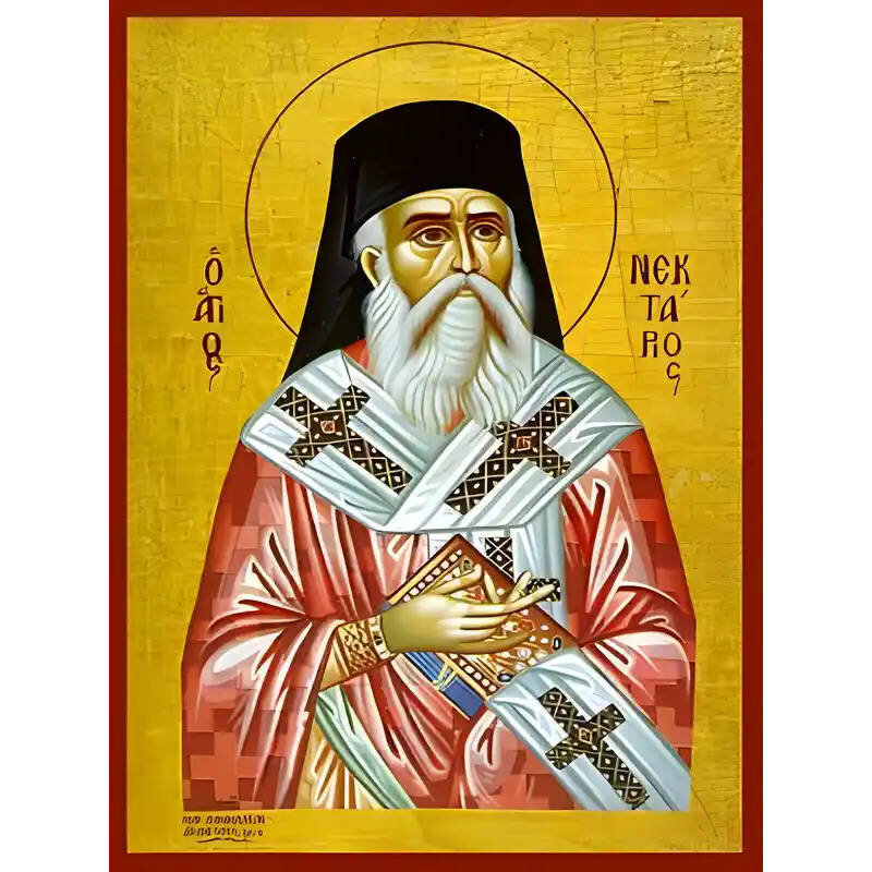 Εικόνα Ορθοδοξίας με περίγραμμα χρυσό σε ξύλο Φλαμουρίας  με  βάση Εικόνα ΑΓΙΟΣ ΝΕΚΤΑΡΙΟΣ ΠΕΝΤΑΠΟΛΕΩΣ, Ο ΕΝ ΑΙΓΙΝΗ Χειροποίητη Ελληνορθόδοξη εικόνα του Ιησού Χριστού, Κρεμαστή πλάκα βυζαντινής τέχνης, χριστιανική τέχνη Διάσταση 15x11 cm (5,9x4,3 ίντσες)  INTRAEK-337757864707