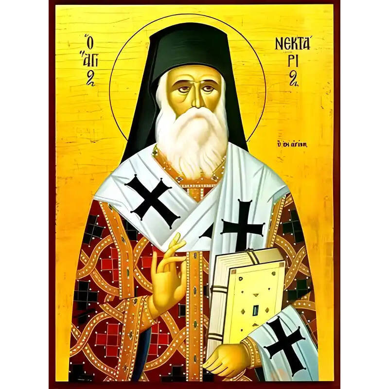 Εικόνα Ορθοδοξίας με περίγραμμα χρυσό σε ξύλο Φλαμουρίας  με  βάση Εικόνα ΑΓΙΟΣ ΝΕΚΤΑΡΙΟΣ ΠΕΝΤΑΠΟΛΕΩΣ, Ο ΕΝ ΑΙΓΙΝΗ Χειροποίητη Ελληνορθόδοξη εικόνα του Ιησού Χριστού, Κρεμαστή πλάκα βυζαντινής τέχνης, χριστιανική τέχνη Διάσταση 15x11 cm (5,9x4,3 ίντσες)  INTRAEK-337757864704