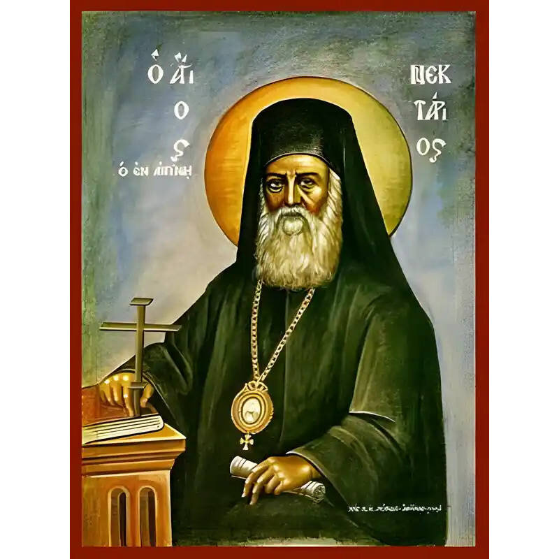 Εικόνα Ορθοδοξίας με περίγραμμα χρυσό σε ξύλο Φλαμουρίας  με  βάση Εικόνα ΑΓΙΟΣ ΝΕΚΤΑΡΙΟΣ ΠΕΝΤΑΠΟΛΕΩΣ, Ο ΕΝ ΑΙΓΙΝΗ Χειροποίητη Ελληνορθόδοξη εικόνα του Ιησού Χριστού, Κρεμαστή πλάκα βυζαντινής τέχνης, χριστιανική τέχνη Διάσταση 15x11 cm (5,9x4,3 ίντσες)  INTRAEK-337757864701