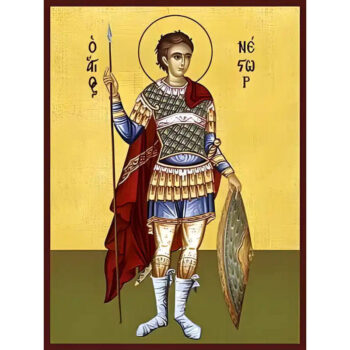 Εικόνα Ορθοδοξίας με περίγραμμα χρυσό σε ξύλο Φλαμουρίας  με  βάση Εικόνα ΑΓΙΟΣ ΝΕΣΤΩΡ, ΟΛΟΣΩΜΟΣ Χειροποίητη Ελληνορθόδοξη εικόνα του Ιησού Χριστού, Κρεμαστή πλάκα βυζαντινής τέχνης, χριστιανική τέχνη Διάσταση 15x11 cm (5,9x4,3 ίντσες)  INTRAEK-337757864695 - Image 1