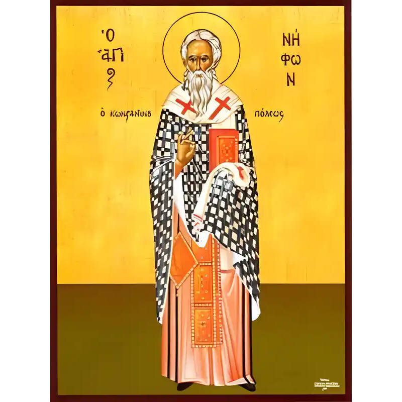 Εικόνα Ορθοδοξίας με περίγραμμα χρυσό σε ξύλο Φλαμουρίας  με  βάση Εικόνα ΑΓΙΟΣ ΝΗΦΩΝ, ΠΑΤΡΙΑΡΧΗΣ ΚΩΝΣΤΑΝΤΙΝΟΥΠΟΛΕΩΣ, ΟΛΟΣΩΜΟΣ Χειροποίητη Ελληνορθόδοξη εικόνα του Ιησού Χριστού, Κρεμαστή πλάκα βυζαντινής τέχνης, χριστιανική τέχνη Διάσταση 15x11 cm (5,9x4,3 ίντσες)  INTRAEK-337757864694