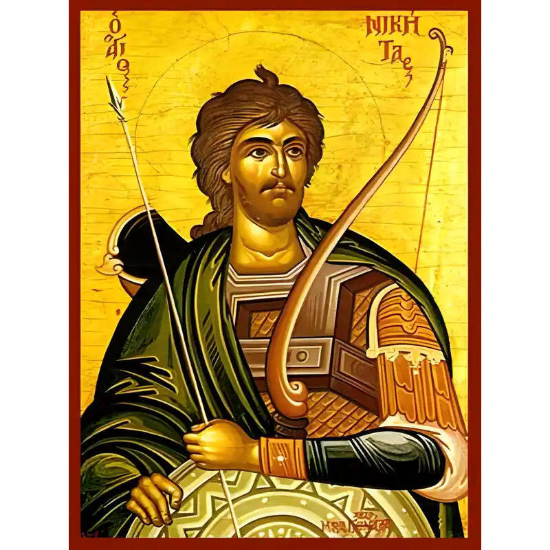 Εικόνα Ορθοδοξίας με περίγραμμα χρυσό σε ξύλο Φλαμουρίας  με  βάση Εικόνα ΑΓΙΟΣ ΝΙΚΗΤΑΣ, Ο ΜΕΓΑΛΟΜΑΡΤΥΣ Χειροποίητη Ελληνορθόδοξη εικόνα του Ιησού Χριστού, Κρεμαστή πλάκα βυζαντινής τέχνης, χριστιανική τέχνη Διάσταση 15x11 cm (5,9x4,3 ίντσες)  INTRAEK-337757864692