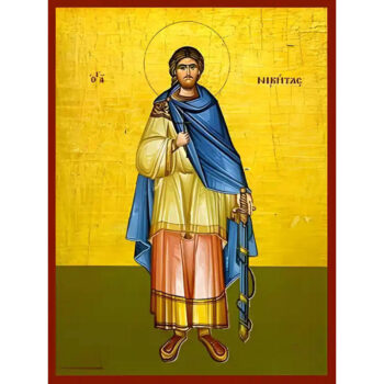 Εικόνα Ορθοδοξίας με περίγραμμα χρυσό σε ξύλο Φλαμουρίας  με  βάση Εικόνα ΑΓΙΟΣ ΝΙΚΗΤΑΣ, Ο ΜΕΓΑΛΟΜΑΡΤΥΣ, ΟΛΟΣΩΜΟΣ Χειροποίητη Ελληνορθόδοξη εικόνα του Ιησού Χριστού, Κρεμαστή πλάκα βυζαντινής τέχνης, χριστιανική τέχνη Διάσταση 15x11 cm (5,9x4,3 ίντσες)  INTRAEK-337757864691 - Image 1