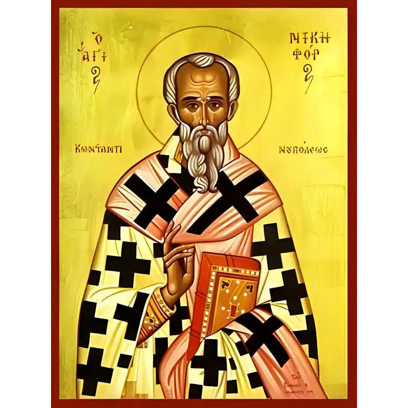 Εικόνα Ορθοδοξίας με περίγραμμα χρυσό σε ξύλο Φλαμουρίας  με  βάση Εικόνα ΑΓΙΟΣ ΝΙΚΗΦΟΡΟΣ, ΠΑΤΡΙΑΡΧΗΣ ΚΩΝ/ΠΟΛΕΩΣ Χειροποίητη Ελληνορθόδοξη εικόνα του Ιησού Χριστού, Κρεμαστή πλάκα βυζαντινής τέχνης, χριστιανική τέχνη Διάσταση 15x11 cm (5,9x4,3 ίντσες)  INTRAEK-337757864689
