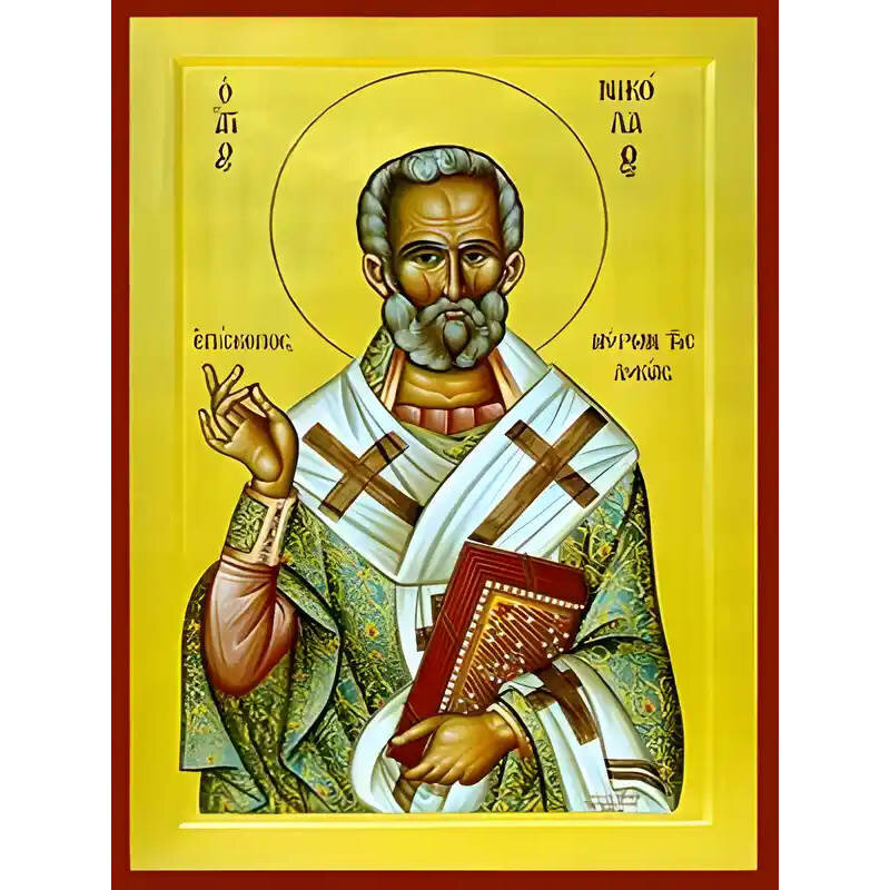 Εικόνα Ορθοδοξίας με περίγραμμα χρυσό σε ξύλο Φλαμουρίας  με  βάση Εικόνα ΑΓΙΟΣ ΝΙΚΟΛΑΟΣ, ΑΡΧΙΕΠΙΣΚΟΠΟΣ ΜΥΡΩΝ ΛΥΚΙΑΣ Χειροποίητη Ελληνορθόδοξη εικόνα του Ιησού Χριστού, Κρεμαστή πλάκα βυζαντινής τέχνης, χριστιανική τέχνη Διάσταση 15x11 cm (5,9x4,3 ίντσες)  INTRAEK-337757864674