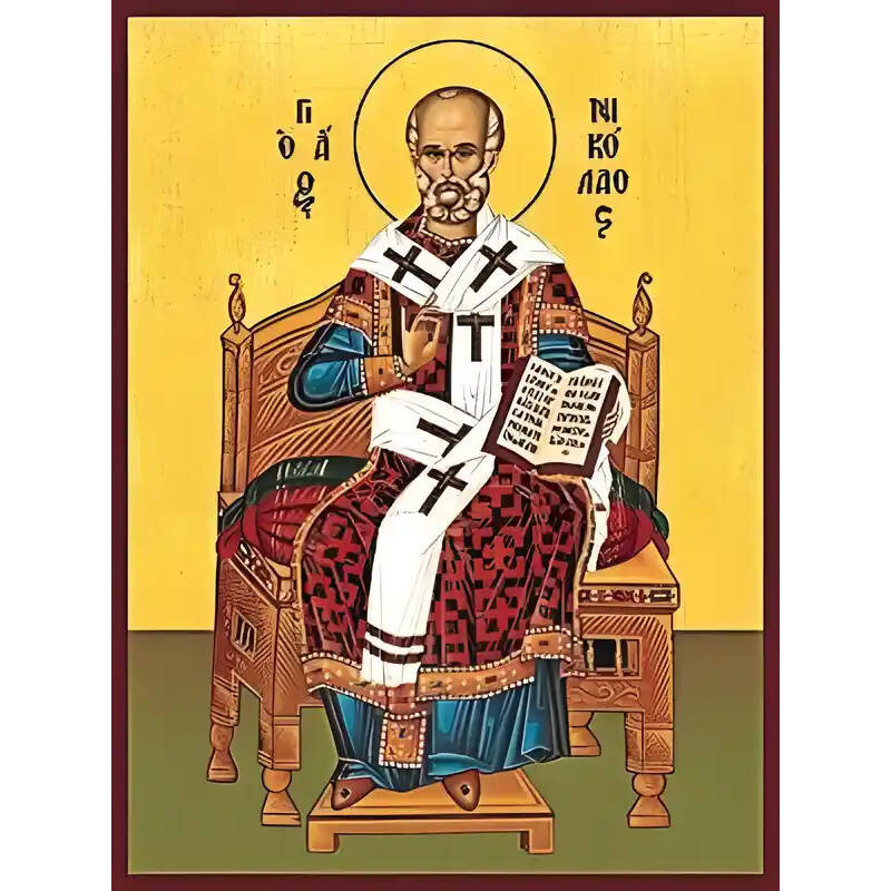 Εικόνα Ορθοδοξίας με περίγραμμα χρυσό σε ξύλο Φλαμουρίας  με  βάση Εικόνα ΑΓΙΟΣ ΝΙΚΟΛΑΟΣ, ΑΡΧΙΕΠΙΣΚΟΠΟΣ ΜΥΡΩΝ ΛΥΚΙΑΣ, ΕΝΘΡΟΝΟΣ Χειροποίητη Ελληνορθόδοξη εικόνα του Ιησού Χριστού, Κρεμαστή πλάκα βυζαντινής τέχνης, χριστιανική τέχνη Διάσταση 15x11 cm (5,9x4,3 ίντσες)  INTRAEK-337757864671