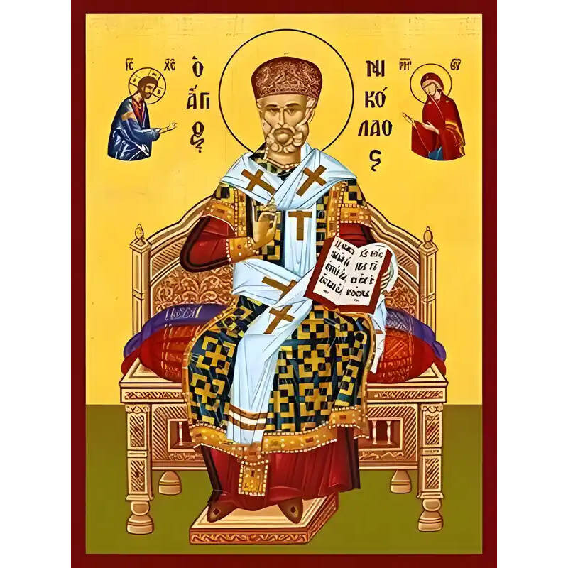 Εικόνα Ορθοδοξίας με περίγραμμα χρυσό σε ξύλο Φλαμουρίας  με  βάση Εικόνα ΑΓΙΟΣ ΝΙΚΟΛΑΟΣ, ΑΡΧΙΕΠΙΣΚΟΠΟΣ ΜΥΡΩΝ ΛΥΚΙΑΣ, ΕΝΘΡΟΝΟΣ, ΜΕ ΜΙΤΡΑ Χειροποίητη Ελληνορθόδοξη εικόνα του Ιησού Χριστού, Κρεμαστή πλάκα βυζαντινής τέχνης, χριστιανική τέχνη Διάσταση 15x11 cm (5,9x4,3 ίντσες)  INTRAEK-337757864670