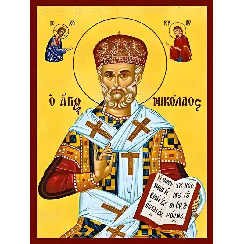 Εικόνα Ορθοδοξίας με περίγραμμα χρυσό σε ξύλο Φλαμουρίας  με  βάση Εικόνα ΑΓΙΟΣ ΝΙΚΟΛΑΟΣ, ΑΡΧΙΕΠΙΣΚΟΠΟΣ ΜΥΡΩΝ ΛΥΚΙΑΣ, ΜΕ ΜΙΤΡΑ Χειροποίητη Ελληνορθόδοξη εικόνα του Ιησού Χριστού, Κρεμαστή πλάκα βυζαντινής τέχνης, χριστιανική τέχνη Διάσταση 15x11 cm (5,9x4,3 ίντσες)  INTRAEK-337757864669