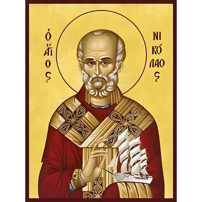 Εικόνα Ορθοδοξίας με περίγραμμα χρυσό σε ξύλο Φλαμουρίας  με  βάση Εικόνα ΑΓΙΟΣ ΝΙΚΟΛΑΟΣ, ΑΡΧΙΕΠΙΣΚΟΠΟΣ ΜΥΡΩΝ ΛΥΚΙΑΣ, ΜΕ ΠΛΟΙΟ Χειροποίητη Ελληνορθόδοξη εικόνα του Ιησού Χριστού, Κρεμαστή πλάκα βυζαντινής τέχνης, χριστιανική τέχνη Διάσταση 15x11 cm (5,9x4,3 ίντσες)  INTRAEK-337757864668