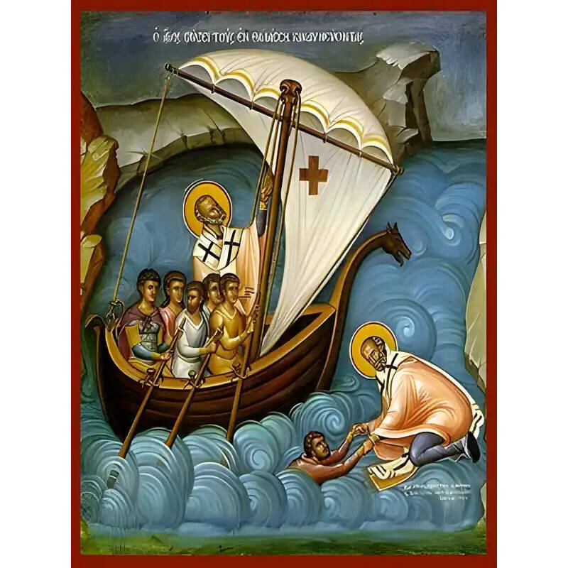 Εικόνα Ορθοδοξίας με περίγραμμα χρυσό σε ξύλο Φλαμουρίας  με  βάση Εικόνα ΑΓΙΟΣ ΝΙΚΟΛΑΟΣ, ΣΩΖΕΙ ΤΟΥΣ ΕΝ ΘΑΛΑΣΣΗ ΚΙΝΔΥΝΕΥΟΝΤΑΣ Χειροποίητη Ελληνορθόδοξη εικόνα του Ιησού Χριστού, Κρεμαστή πλάκα βυζαντινής τέχνης, χριστιανική τέχνη Διάσταση 15x11 cm (5,9x4,3 ίντσες)  INTRAEK-337757864661
