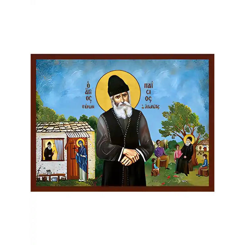 Εικόνα Ορθοδοξίας με περίγραμμα χρυσό σε ξύλο Φλαμουρίας  με  βάση Εικόνα ΑΓΙΟΣ ΠΑΙΣΙΟΣ ΑΓΙΟΡΕΙΤΗΣ ΓΕΡΩΝ ΜΕ ΣΚΗΝΕΣ ΑΠΟ ΤΟΝ ΒΙΟΝ ΤΟΥ Χειροποίητη Ελληνορθόδοξη εικόνα του Ιησού Χριστού, Κρεμαστή πλάκα βυζαντινής τέχνης, χριστιανική τέχνη Διάσταση 15x11 cm (5,9x4,3 ίντσες)  INTRAEK-337757864652
