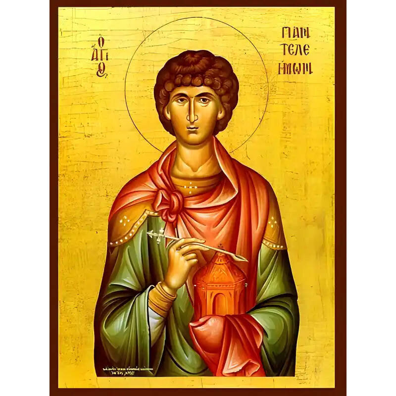 Εικόνα Ορθοδοξίας με περίγραμμα χρυσό σε ξύλο Φλαμουρίας  με  βάση Εικόνα ΑΓΙΟΣ ΠΑΝΤΕΛΕΗΜΩΝ, Ο ΜΕΓΑΛΟΜΑΡΤΥΣ Χειροποίητη Ελληνορθόδοξη εικόνα του Ιησού Χριστού, Κρεμαστή πλάκα βυζαντινής τέχνης, χριστιανική τέχνη Διάσταση 15x11 cm (5,9x4,3 ίντσες)  INTRAEK-337757864637
