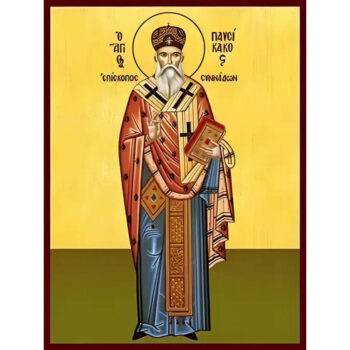 Εικόνα Ορθοδοξίας με περίγραμμα χρυσό σε ξύλο Φλαμουρίας με βάση Εικόνα ΑΓΙΟΣ ΠΑΥΣΙΚΑΚΟΣ, ΕΠΙΣΚΟΠΟΣ ΣΥΝΝΑΔΩΝ, ΟΛΟΣΩΜΟΣ Χειροποίητη Ελληνορθόδοξη εικόνα του Ιησού Χριστού, Κρεμαστή πλάκα βυζαντινής τέχνης, χριστιανική τέχνη Διάσταση 15x11 cm (5,9x4,3 ίντσες) INTRAEK-337757864630 - Image 1